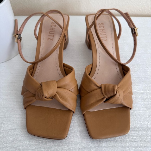 New Schutz Mindy Caramel Leather Knot Ankle Strap Bamboo Heel Sandals Women’s 6B - Picture 3 of 15